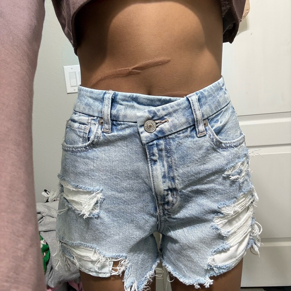 Distressed Light Blue Denim Shorts
